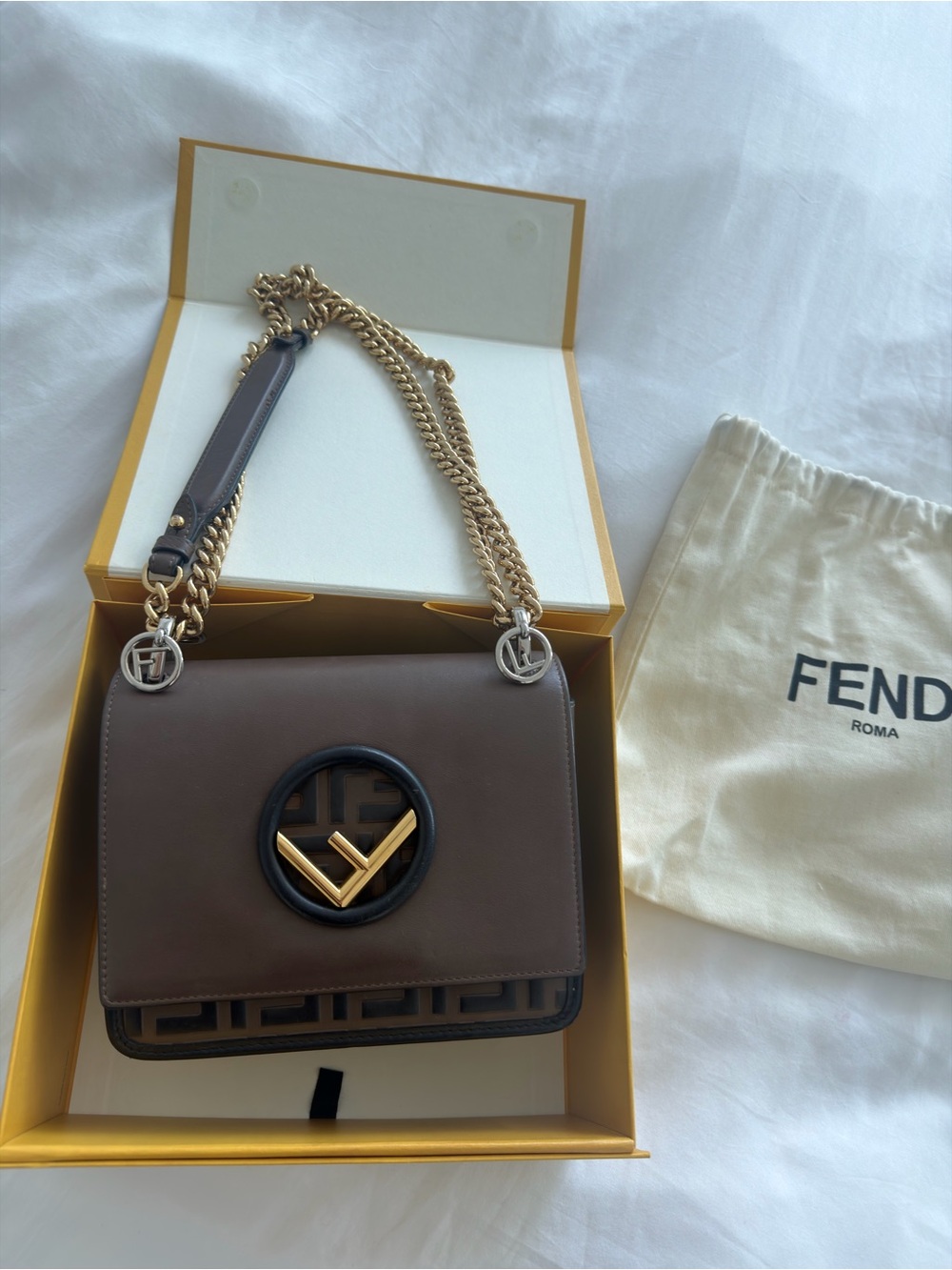 Fendi Brown Leather Kan I Small Shoulder Bag with Gold Chain